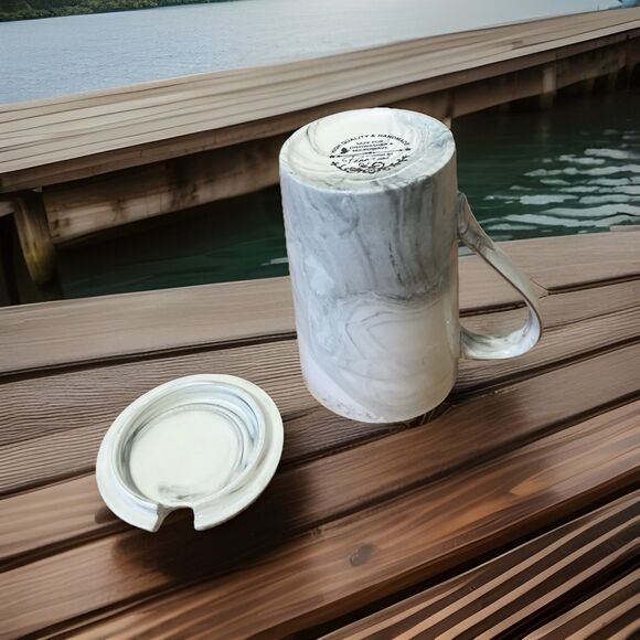 'Mens" Coffee Grey Swirl Ceramic Mug With cover And Gold Colored, HandMade !!! - Picture 9 of 16